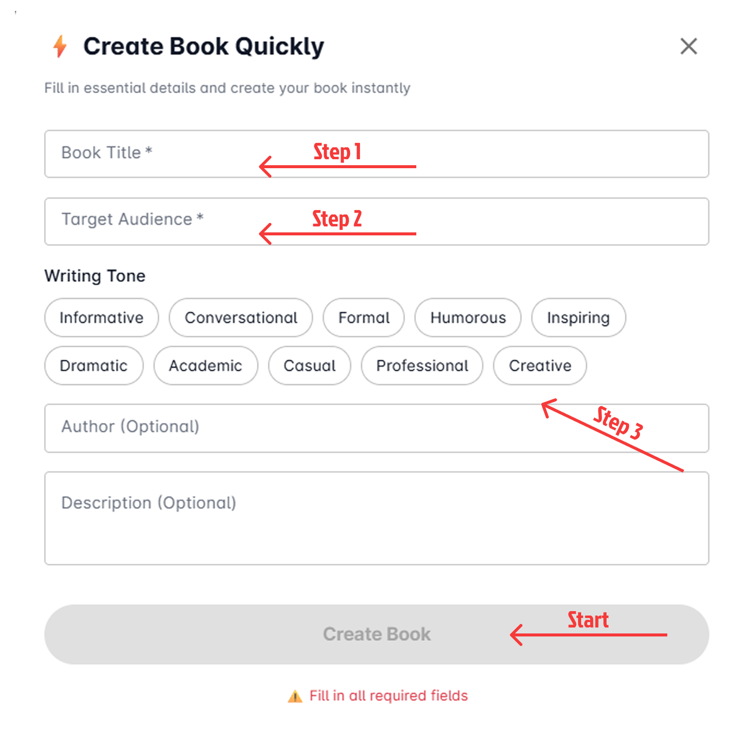 Bsaiman book creation process showing book title, target audience, and tone selection